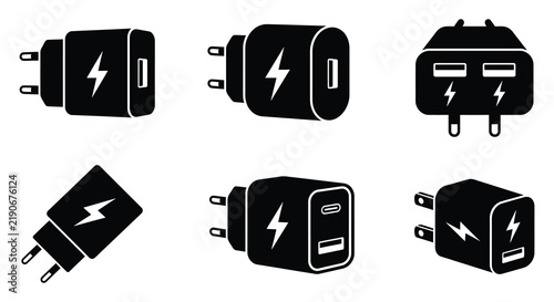 Black silhouette icons depicting assorted mobile device accessories on white