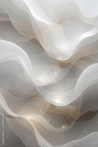 An elegant abstract background with light translucent waves that smoothly overlap each other and are softly illuminated by golden sparkles from the inside.