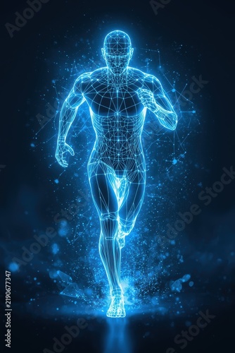 A running human figure made of glowing blue neon lines and digital dots, symbolizing technology, biomechanics or virtual reality.