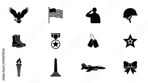 фотографія Veteran symbols and military icons in black silhouette style with representing m