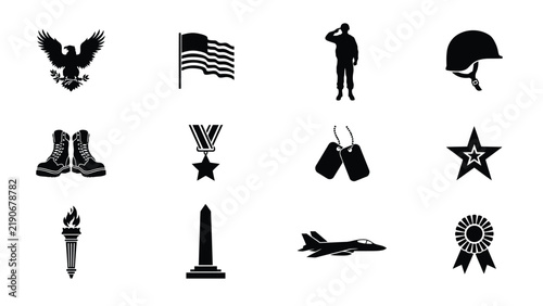 Принти на полотні Military veteran symbols and emblems in black silhouette style with silhouette i