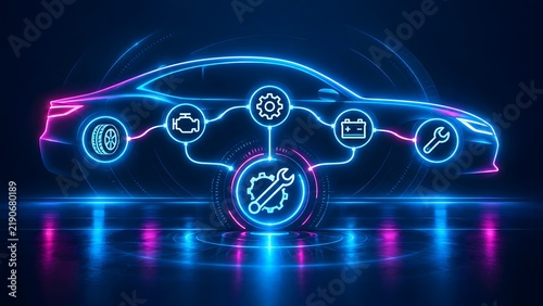 Glowing Neon Car Silhouette With Holographic Automotive Maintenance And Repair Service Diagnostic Icons