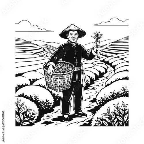Vector illustration of an Asian tea farmer in a traditional conical hat harvesting leaves on terraced plantation fields