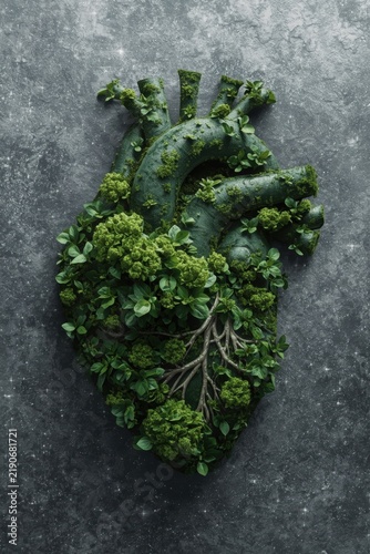 A sculptural model of an anatomical human heart, completely covered with green moss and branchy roots, against a textured gray surface.