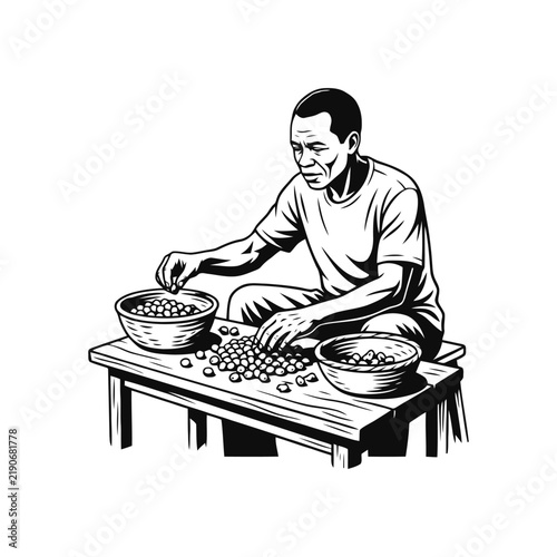 Hand-drawn illustration of a focused farmer sorting organic agricultural coffee beans on a rustic wooden table in a traditional farming setting