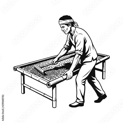 Farmer Drying Coffee Beans on Traditional Bamboo Raised Bed Illustration