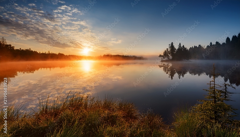 Obraz premium misty sunrise over calm lake