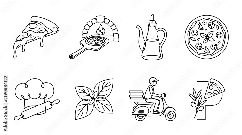 Fototapeta premium Pizza restaurant icons set, continuous line art vector illustration