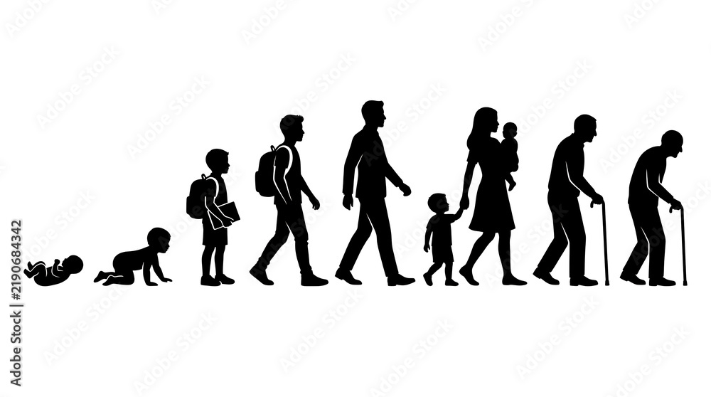 Obraz premium Human life cycle progression from infancy to old age shown in silhouette on a plain surface