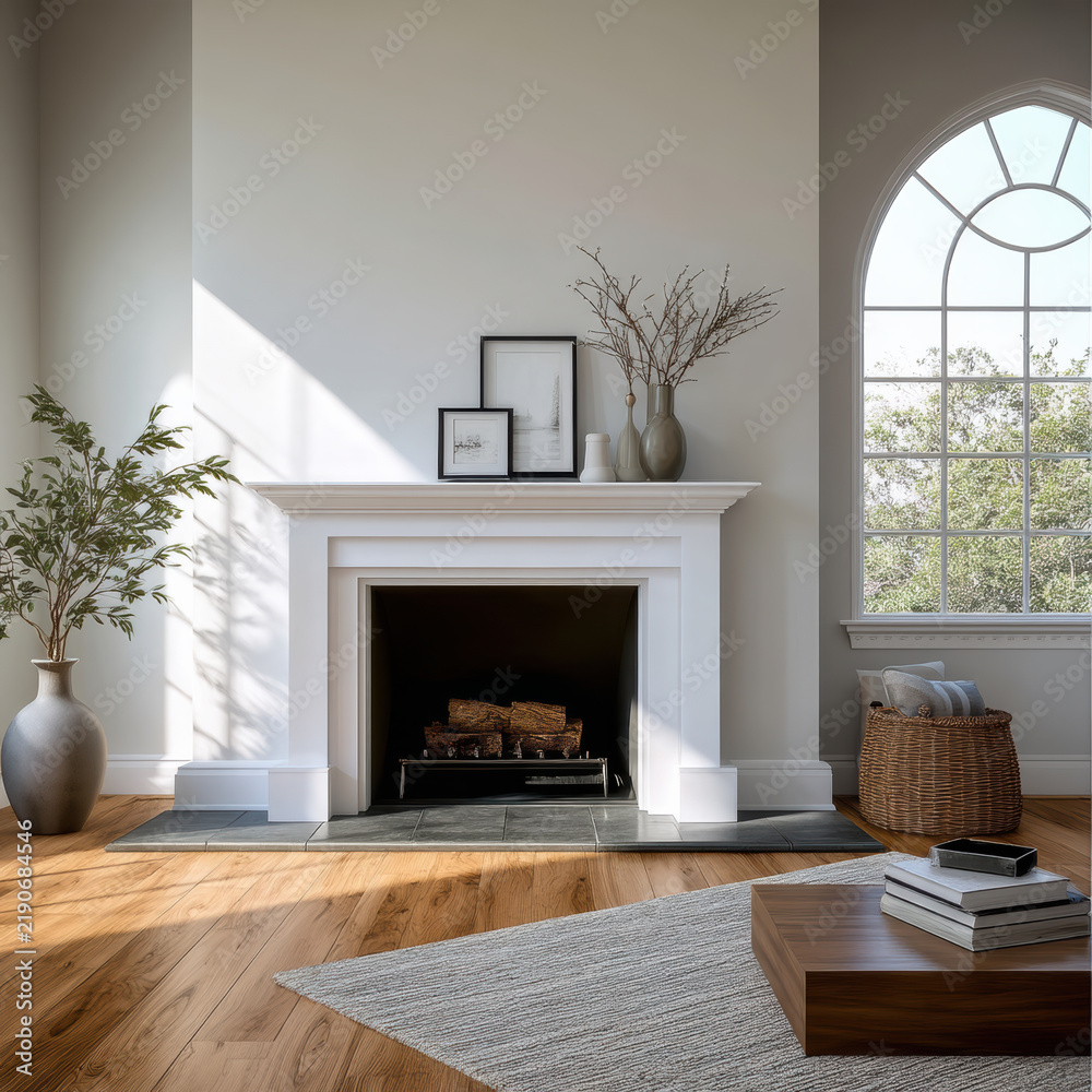 Obraz premium White fireplace wood floor large window modern decor framed art indoor plant cozy sunlight