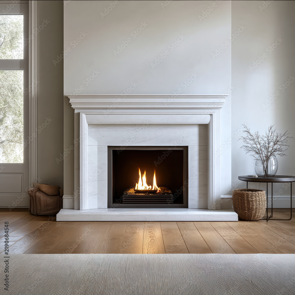 Obraz premium White fireplace, modern living room, wooden floor, cozy atmosphere, minimalist decor, burning fire, natural light