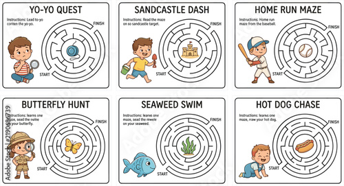 Kids Circular Maze Board Game Vector Card Bundle with Cute Cartoon Puzzles for Yo-Yo Quest, Sandcastle Dash, Home Run Maze, and Seaweed Swim Activity Sheets