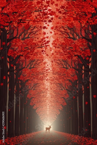 A lone deer standing at the end of a symmetrical alley of dark trees with lush bright red autumn foliage through which a mysterious light breaks through.