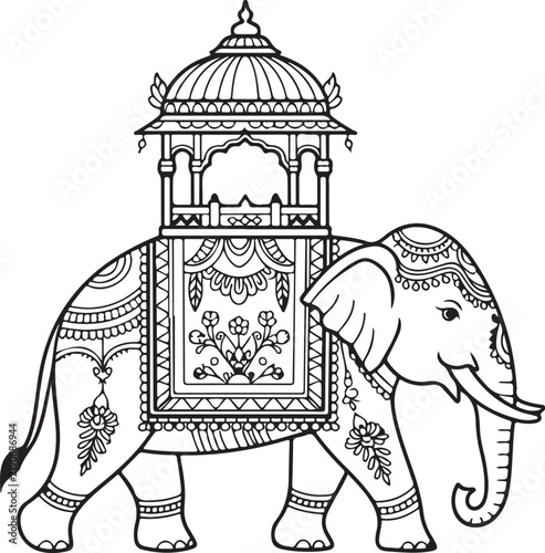 Elephant vector illustration, decorated ceremonial animal with traditional pavilion, black and white outline drawing