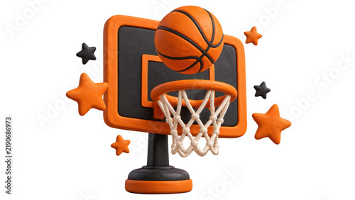A 3D rendering of a basketball hoop with a ball in the air and stars surrounding it. , Transparent Background, AI generative