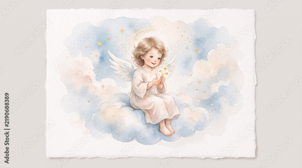 Obraz premium Cute Watercolor Guardian Angel Child Sitting on Heavenly Clouds