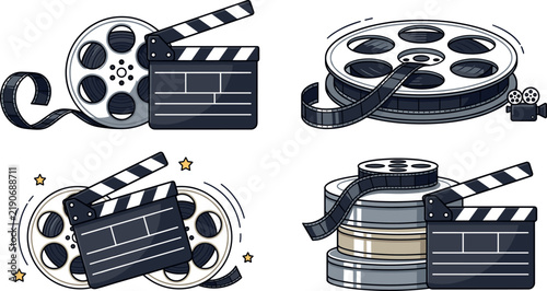Cinema movie production elements vector cartoon illustration set showing film reels clapperboards canister stacks isolated on white background