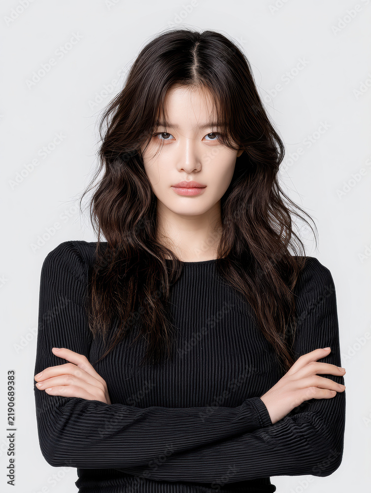 Obraz premium Young East Asian woman with long wavy dark hair, intense expression, black ribbed shirt, arms crossed, studio portrait