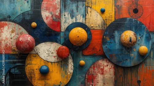 Bright abstract composition in the style of constructivism, combining many geometric figures, circles, spheres and lines.