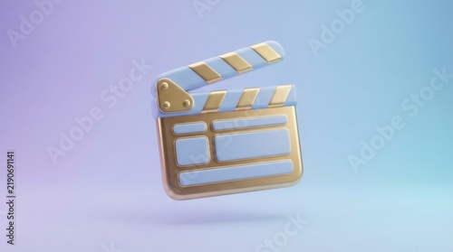 3D render of a blue and gold movie clapperboard icon isolated on a soft gradient background