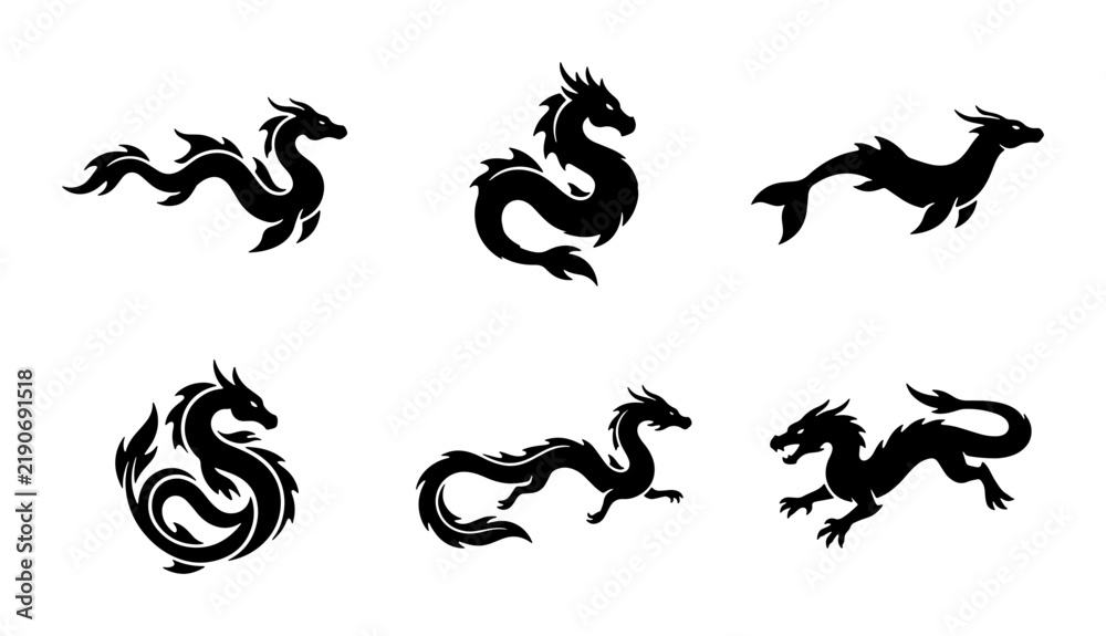 Fototapeta premium Mythical Dragon Silhouettes, Fantasy Creature Vector Icons, Ancient Legend Beasts Set