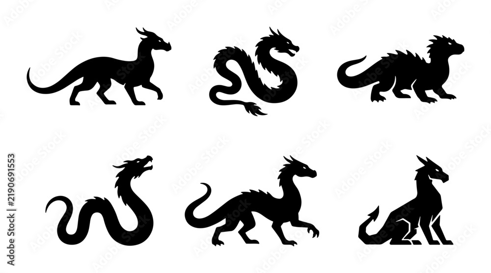 Obraz premium Mythical Dragon Silhouettes, Fantasy Creature Icons, Ancient Legend Vector Set, Asian Folklore Art