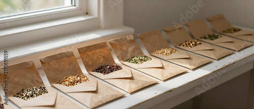 Seed Envelopes on a White Windowsill in Soft Daylight