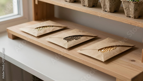 Paper Envelopes of Seeds on Wooden Shelf