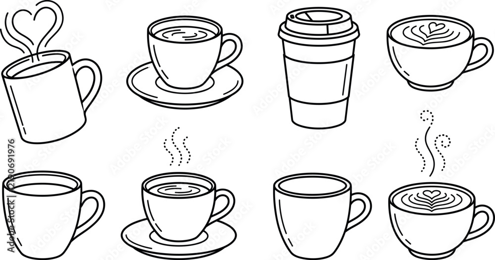 Obraz premium Coffee cup vector line icon set featuring hot espresso mugs latte art rosetta hearts and paper takeaway cup on white background