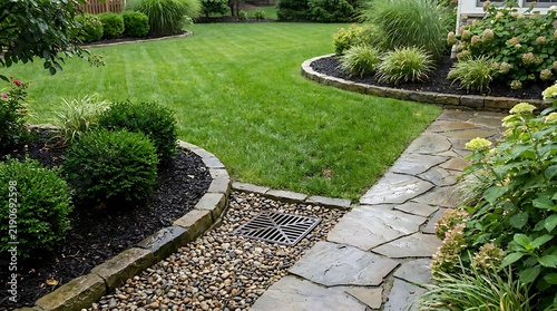 A beautiful residential backyard garden with green lawn stone path and trimmed bushes in the summer. yard drainage solutions