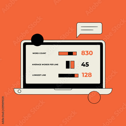Create a clean flat vector illustration of a modern yellow laptop displaying a word-count and writing productivity dashboard, with word statistics, completion percentage, weekly bar chart, and daily w