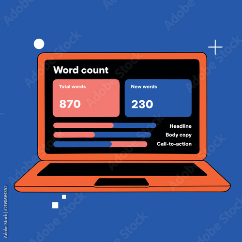 Create a clean flat vector illustration of a modern yellow laptop displaying a word-count and writing productivity dashboard, with word statistics, completion percentage, weekly bar chart, and daily w