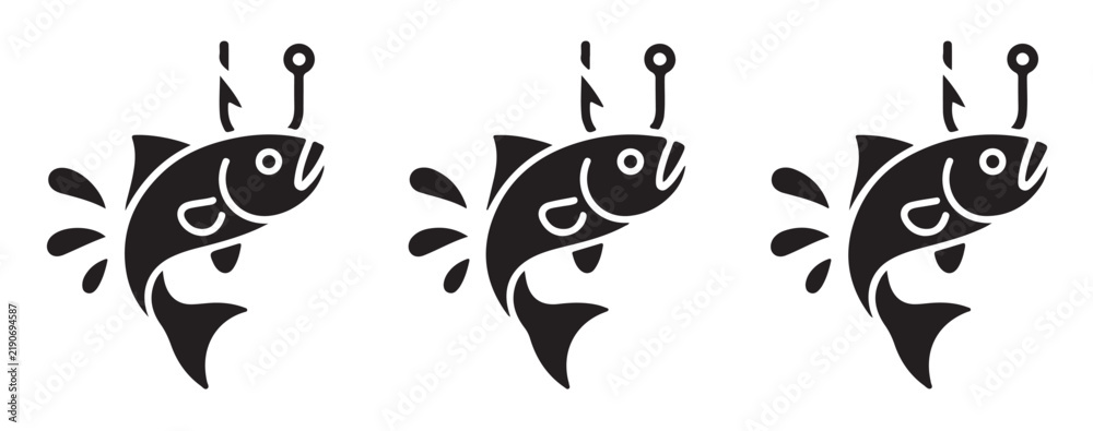 Obraz premium Jumping fish caught on baited hook icon representing successful recreational sport fishing.