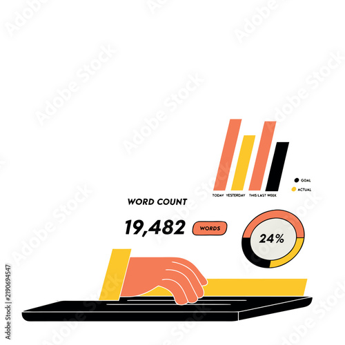 Create a clean flat vector illustration of a modern yellow laptop displaying a word-count and writing productivity dashboard, with word statistics, completion percentage, weekly bar chart, and daily w