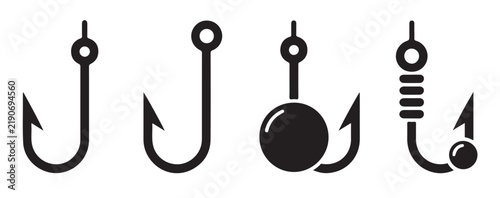 Bild auf Leinwand Heavy duty sinker jig and baited fishing hook silhouettes for professional sport angling