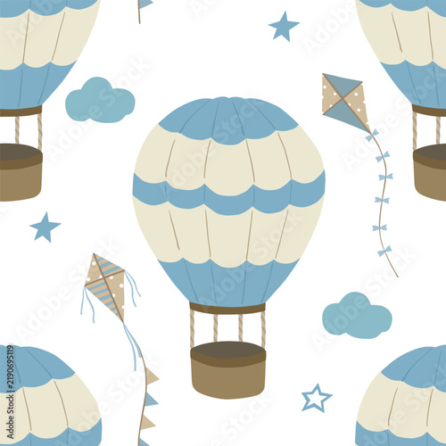 Baby seamless pattern with hot air balloon,  kites, clouds. Vector cute  illustration on white background