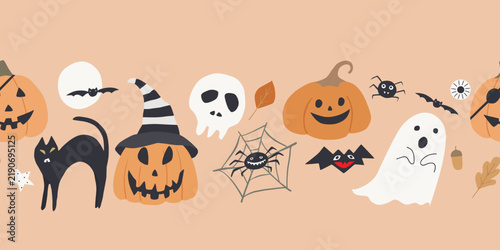 Halloween vector seamless border with  pumpkin, cat, skull, ghost, house and holiday decorations. Autumn pattern for scrapbooking, wrapping. Flat design