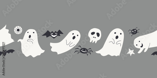 Halloween vector seamless border with  pumpkin, cat, skull, ghost, house and holiday decorations. Autumn pattern for scrapbooking, wrapping. Flat design