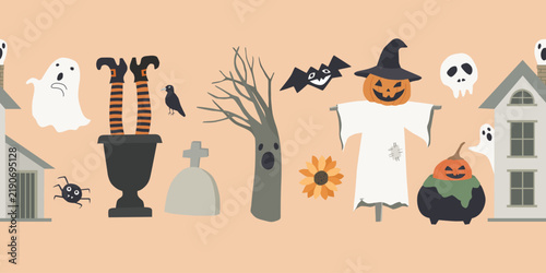 Halloween vector seamless border with  pumpkin, cat, skull, ghost, house and holiday decorations. Autumn pattern for scrapbooking, wrapping. Flat design