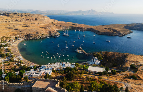Aerial View Lindos Bay Sailboats Harbor