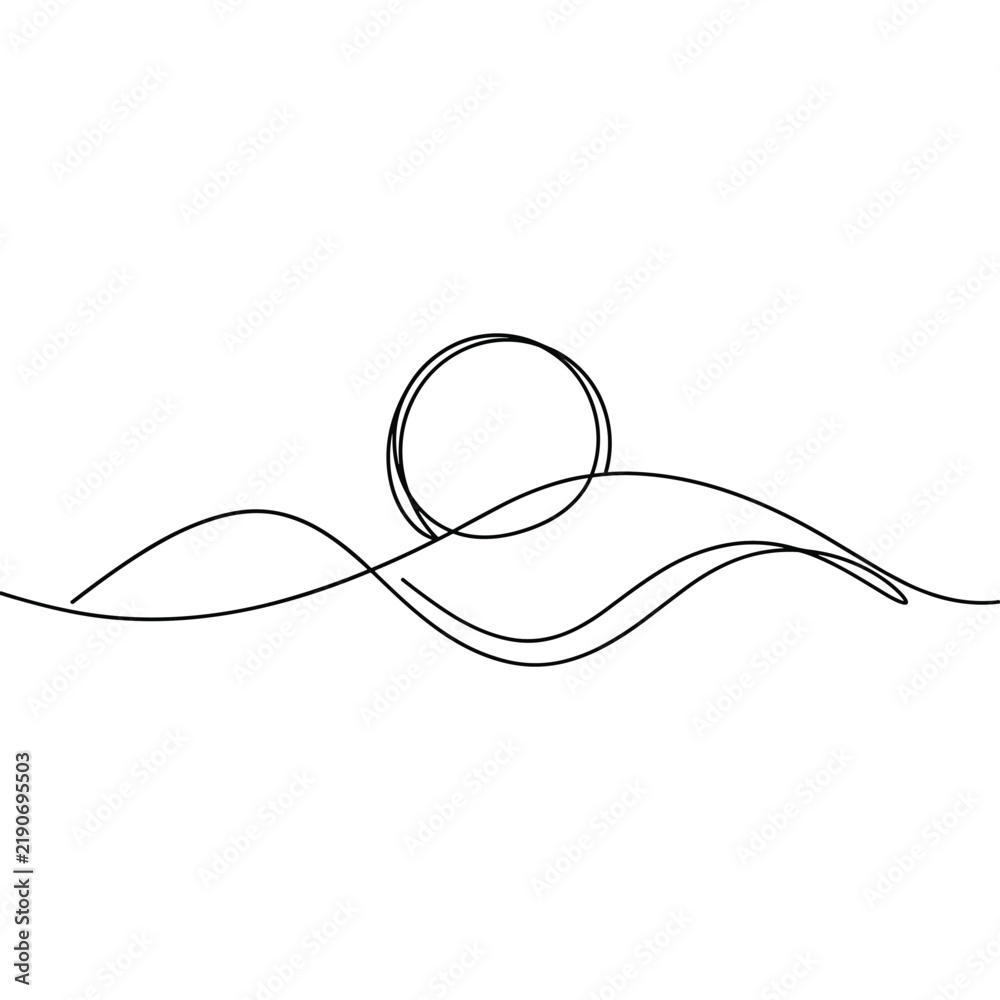 Obraz premium Minimalist continuous line art drawing of waves and sun, simple abstract nature landscape
