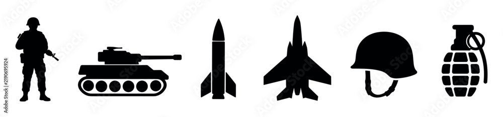 Obraz premium Military silhouette icon set of armed forces including a soldier tank missile fighter jet combat helmet and hand grenade