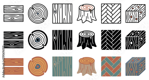 Wood lumber and carpentry vector icon collection featuring planks tree rings stumps parquet flooring and wooden blocks in outline solid and flat color styles