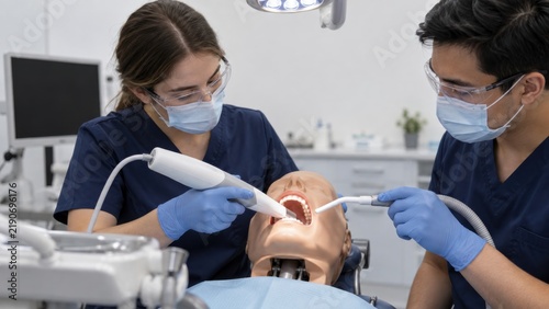 Dental students practicing intraoral scanning on mannequin