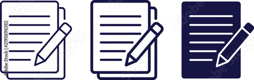 Set of edit document icons, vector illustration of paper sheets with pencil symbols for writing, note taking, or content creation
