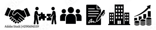 Black silhouette business and finance icon set featuring a handshake, teamwork puzzle, group of people, signed document, office building, and financial growth chart with coins