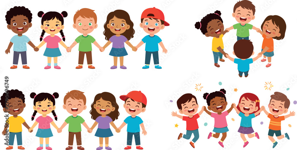 Fototapeta premium Diverse happy children vector cartoon character collection holding hands jumping and playing together isolated on white background