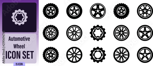 Automotive wheel icon set, collection of various car tire and rim designs for vehicle maintenance, transportation, and automotive industry graphic design projects