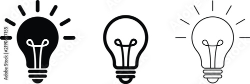 Set of three light bulb icons, including a solid black version, a simple outline version, and a glowing outline version, representing ideas and innovation