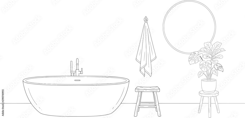 Obraz premium Modern bathroom interior sketch with a bathtub, a round mirror, a wooden stool, a towel hanging on the wall and a decorative houseplant in a pot on a small stand